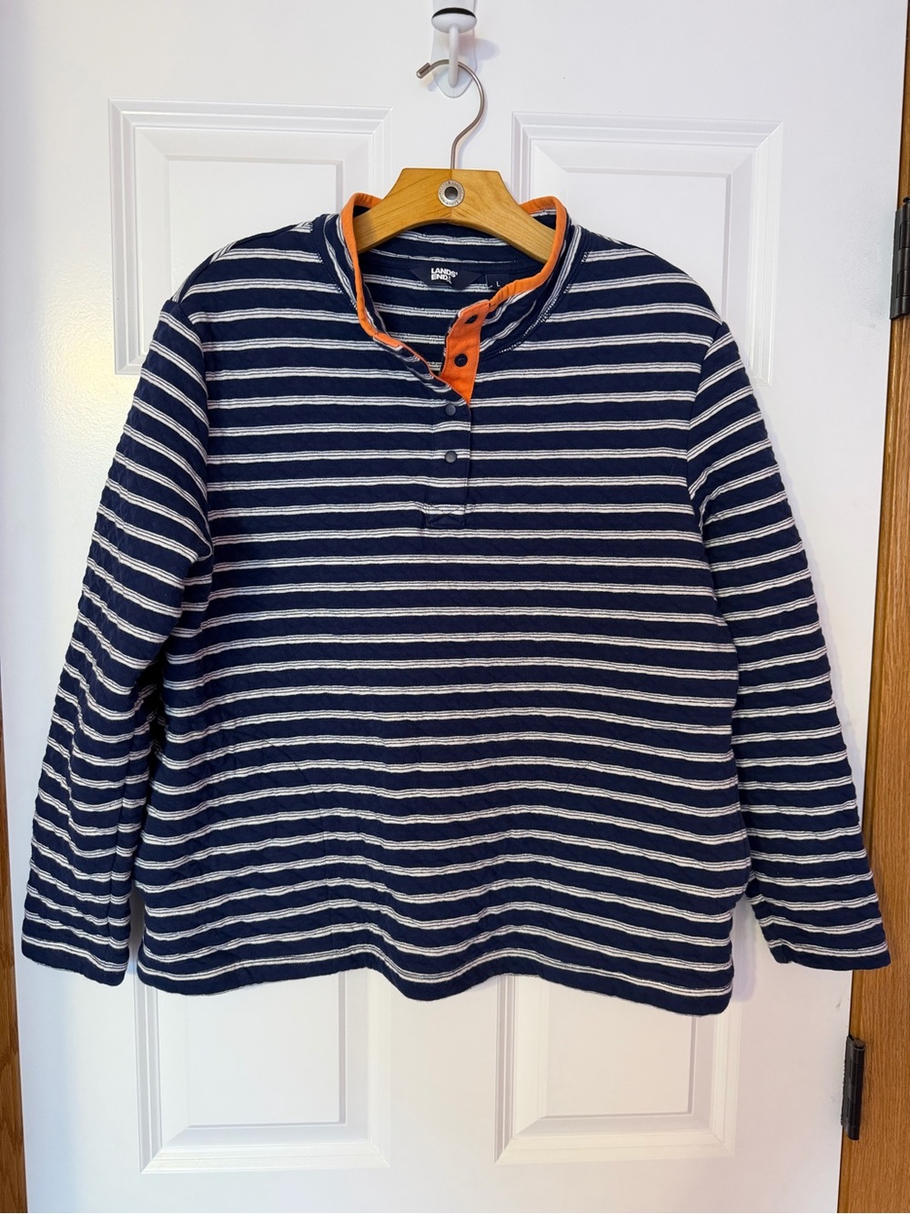 Lands' End Navy & White Striped Henley with Orange Placket